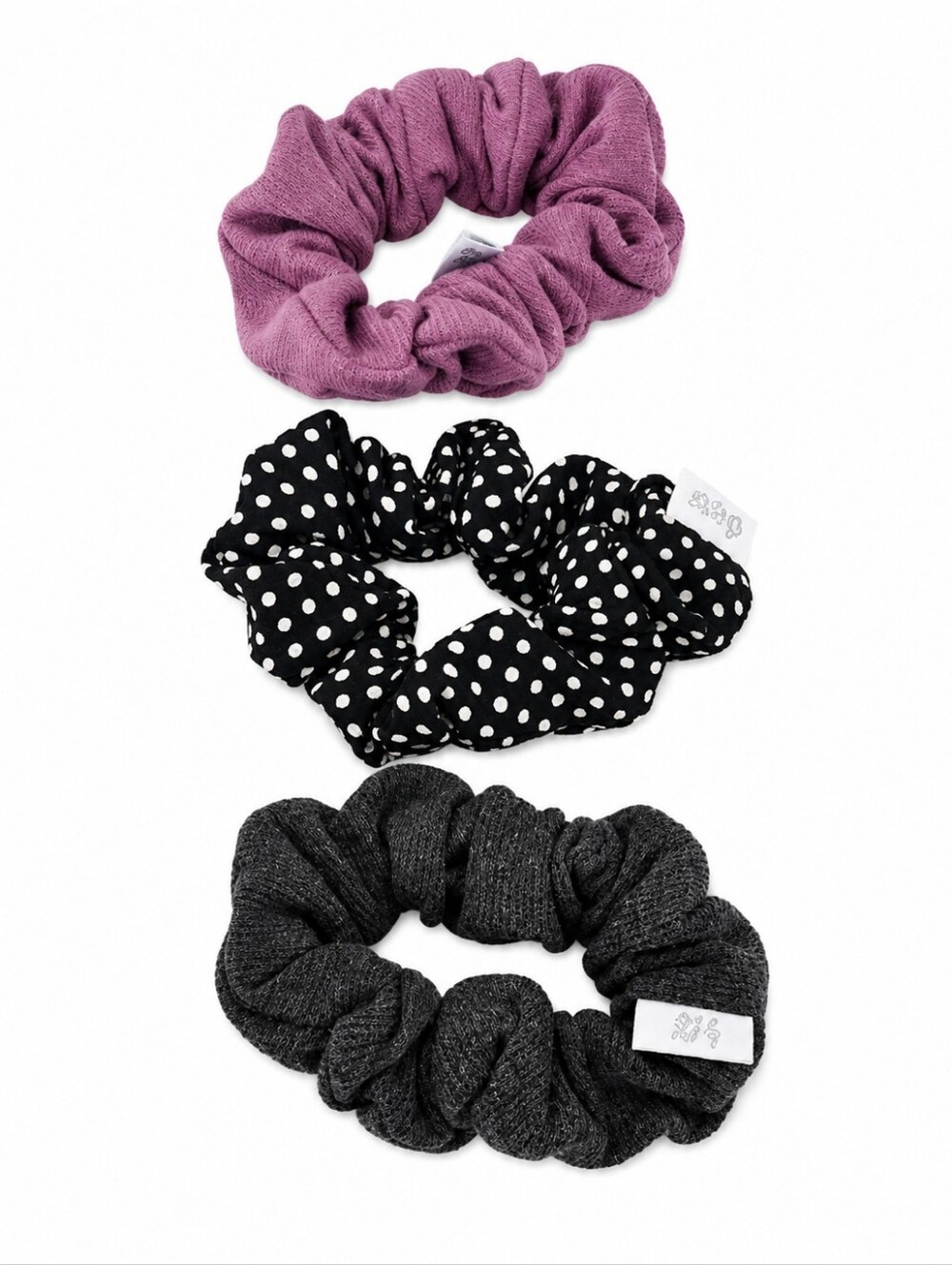 DEW Three-Pack Women’s Scrunchies - Mauve, Black Polka Dot & Charcoal NEVER WORN